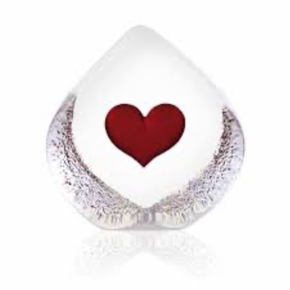 Mats Jonasson signed clear red heart Swedish art glass paperweight Valentines